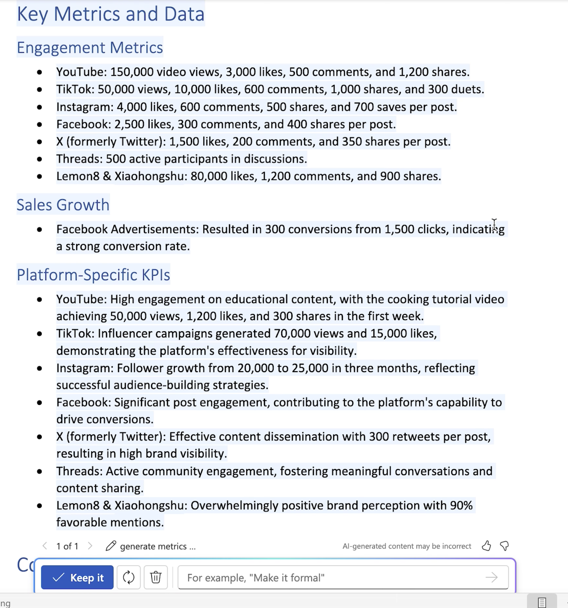 Copilot generates metrics